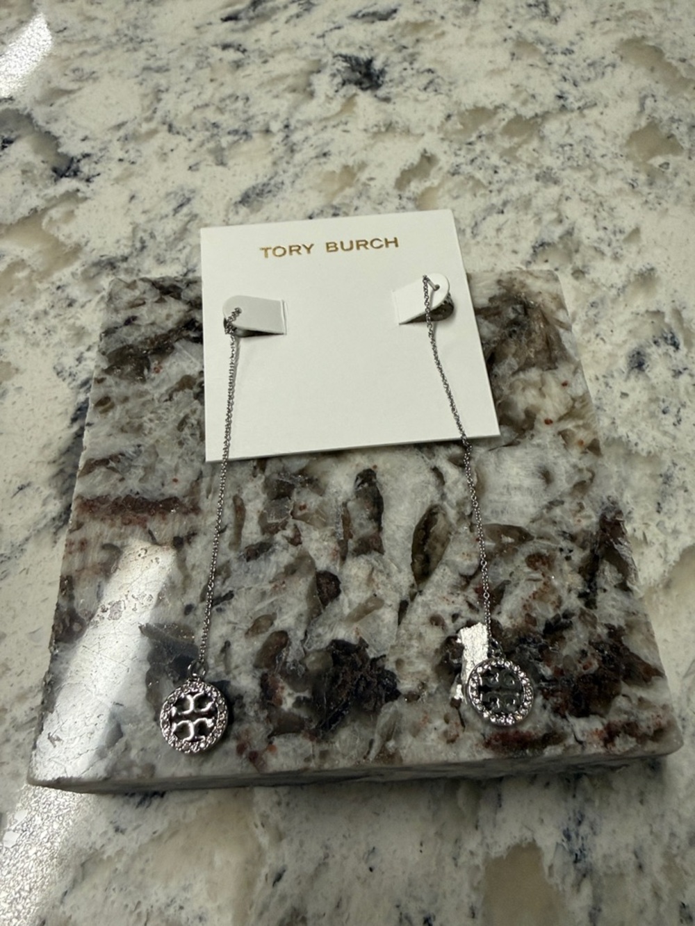 Tory Burch Silver Long Drop Logo Chain Earrings with Pave Crystals